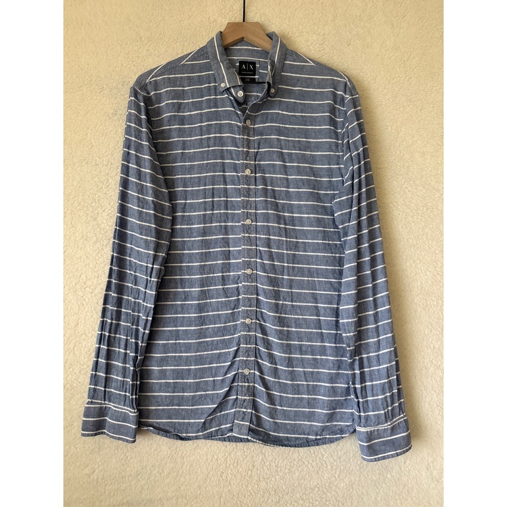 Armani Exchange Shirt Mens Large Blue Striped Linen Blend Long Sleeve Button-Up